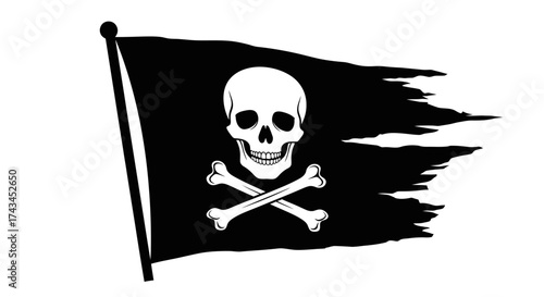 Pirate flag with skull and crossbones isolated on white background waving in wind