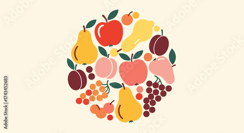Colorful Fruit Medley - Apples, Pears, Plums, Grapes, and Peaches in a Circular Arrangement.