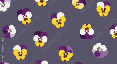 Colorful Pansy Flowers Pattern with Purple, Yellow, and White Petals on Dark Background.
