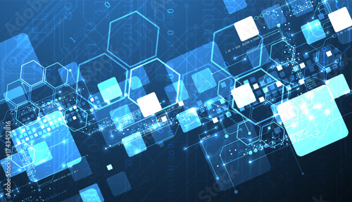 A technical background using technological lines, squares, and hexagons combined into an art composition.