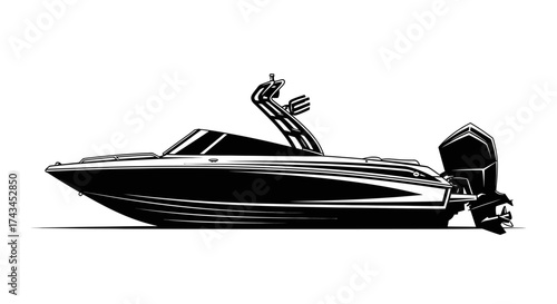 Monochrome vector image of a motor boat isolated on white background