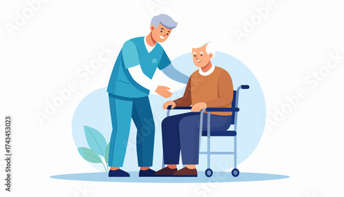 Caring Nurse Comforting Senior Man in Wheelchair, Offering Support and Companionship, Promoting Wellness and Healthcare, Patient Assistance, Compassionate Care
