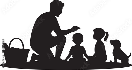 Silhouette of a father with two children and a dog on a picnic Keywords: family, father, children, dog, puppy, picnic, outdoors, park, nature, silhouette, black and white, vector, illustration