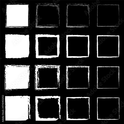 Single white square set. Rough hand drawn edges. Ink grunge brush strokes. Vector painted shapes.