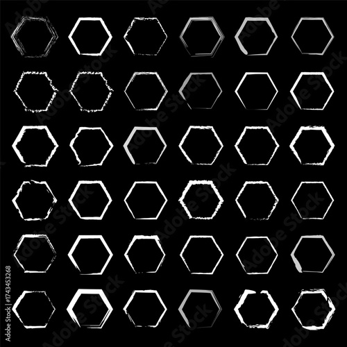 White hexagon pattern. Distressed rough geometric shape. Hand drawn ink style. Vector artistic drawing.