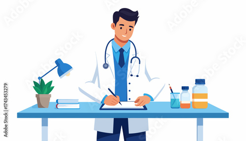 Caring doctor diligently records patient notes at desk with stethoscope, lamp, and medical supplies creating a professional healthcare atmosphere