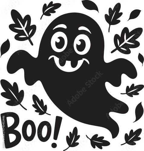 Cute Halloween ghost saying boo surrounded by leaves