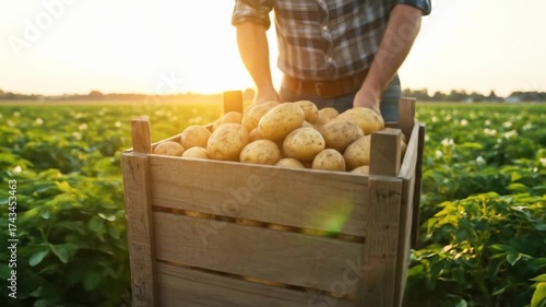 Farmer harvesting potatoes from field at sunset with copy space