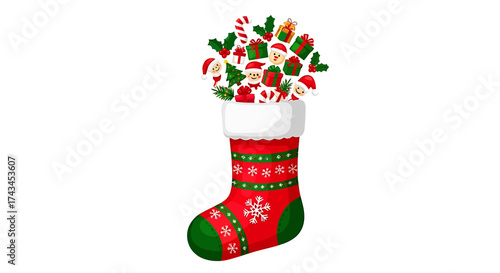 Festive Christmas Stocking Filled with Holiday Treats and Decorations.