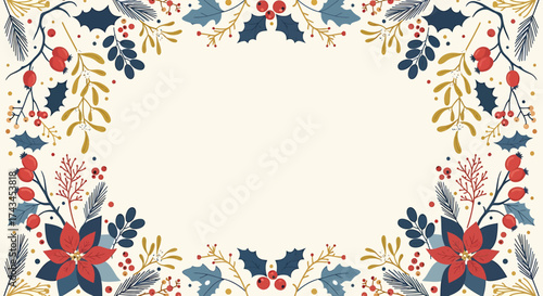 Festive Floral Wreath Border with Poinsettias, Holly, and Berries.