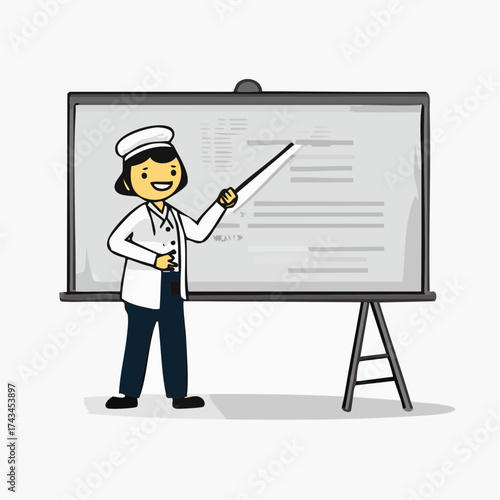 A smiling cartoon woman in a white lab coat and hat stands confidently in front of a presentation board with a pointer, against a clean white background.
