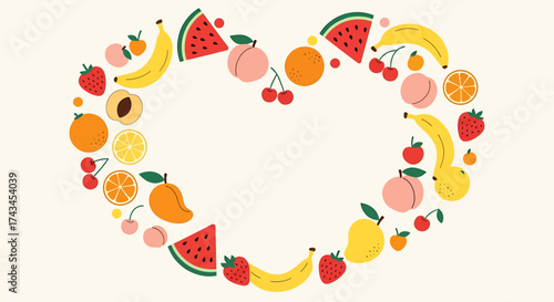 Heart-Shaped Fruit Arrangement - Watermelon, Banana, Peach, Orange, Mango, Cherry, Strawberry.