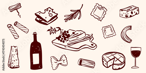 Hand drawn cheese plate rustic pasta lover doodle vector illustration food sketch. Whimsical simple cheese, grapes, rosemary, honey minimalistic vintage retro style graphic elements