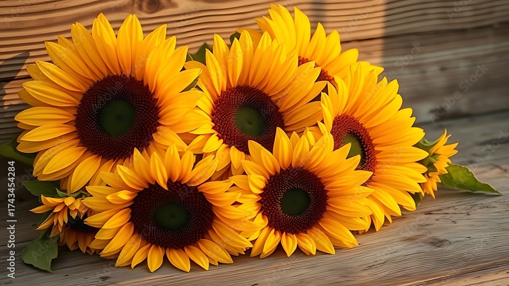 Fototapeta premium Sunflowers on a rustic wooden surface, warm golden hour light enhancing their natural beauty.