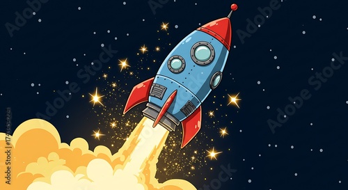 Rocket Launching Into Space Cartoon Illustration