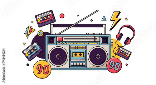 Retro 1990s Boombox with Antenna, Speakers, and Cassette Tape Player Design.