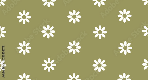Simple White Daisy Pattern on Olive Green Background.