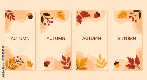 Set of Four Autumn-Themed Vertical Social Media Templates with Watercolor Leaves and Berries.