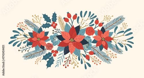 Stylized Christmas floral arrangement with red poinsettias, holly, and pine branches, festive winter botanical design.