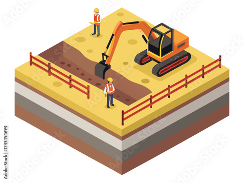 Electrical wiring installation in isometric style, with excavator, laborers, and engineer coordinating underground cable laying through protective piping.