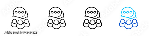 Group chat vector outline icon set with line weight and two color variation,  great for team collaboration and community platforms.