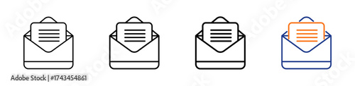Open mail vector outline icon set with line weight and two color variation. Perfect for read status, email alerts, and inbox designs