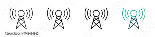 Broadcast vector outline icon set with line weight and two color variation. Great for media streaming, transmission, and live shows.