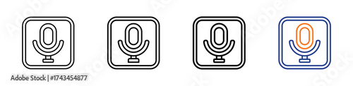 Microphone vector outline icon set with line weight and two color variation. Ideal for recording, podcasting, and audio UI controls.