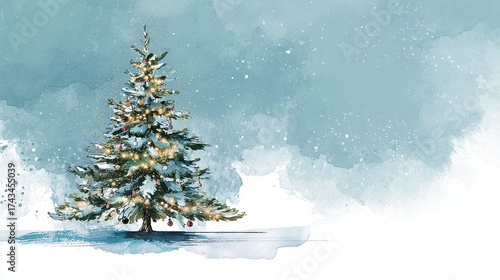 A festive watercolor illustration of a decorated Christmas tree against a frosty blue background, evoking holiday cheer and winter magic.