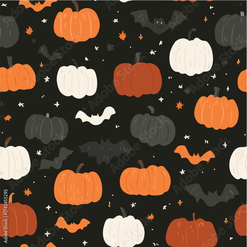 Halloween seamless pattern, minimal vector by pumpkins bats