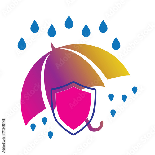 Cybersecurity and insurance concept with 3D umbrella protecting a glowing shield icon, representing data protection, risk management, and digital safety.	Umbrella and shield icon
