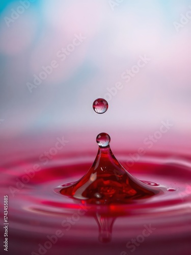 A vivid crimson droplet poised above a rippling liquid surface, creating a captivating display of motion and reflection against a soft, diffused background.