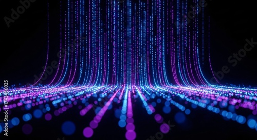 Stunning digital data stream with vibrant blue and pink particles on black