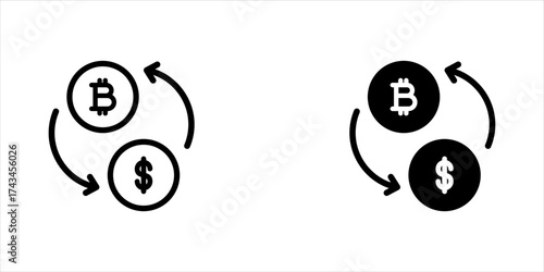 Cryptocurrency and dollar exchange vector icon set. filled flat sign for mobile concept and web design. Currency Exchange glyph icon. Symbol, logo illustration. Vector graphics