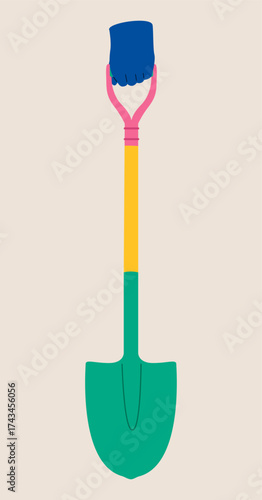 Hand holding shovel. Colorful vector illustration