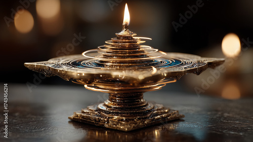 Ancient Bronze Oil Lamp with Warm Flame and Glowing Reflections
