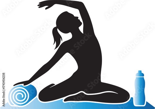 Silhouette of a woman doing yoga on a blue mat with a rolled yoga mat and water bottle fitness exercise