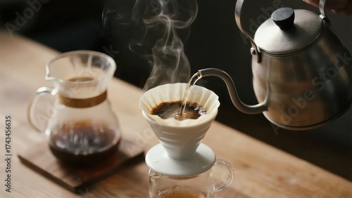 Pouring hot water for making fresh coffee using pour over method