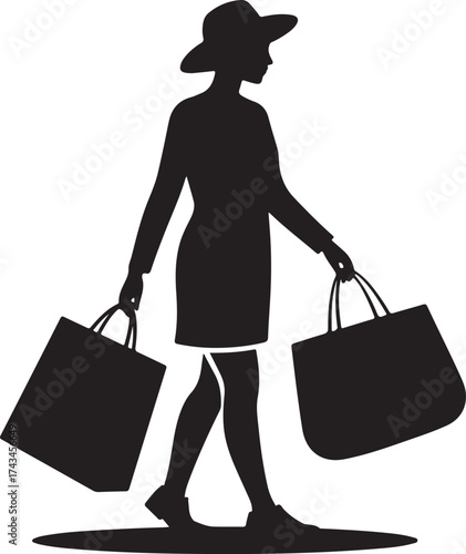 Silhouette of a woman wearing a hat walking with two shopping bags vector illustration