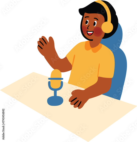 Someone is speaking on a podcast show. A person is recording a podcast at a table with headphones and a microphone