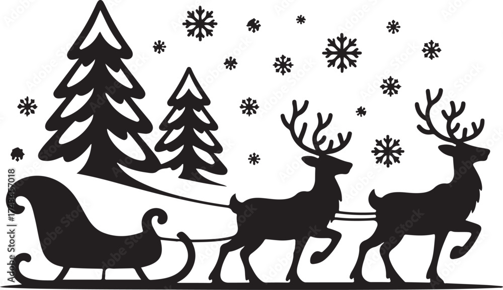 Fototapeta premium Silhouette of two reindeer pulling a sleigh with Christmas trees and snowflakes Keywords: Christmas, reindeer, sleigh, Santa, winter, snow, snowflakes, trees, pine trees, festive, holiday, season
