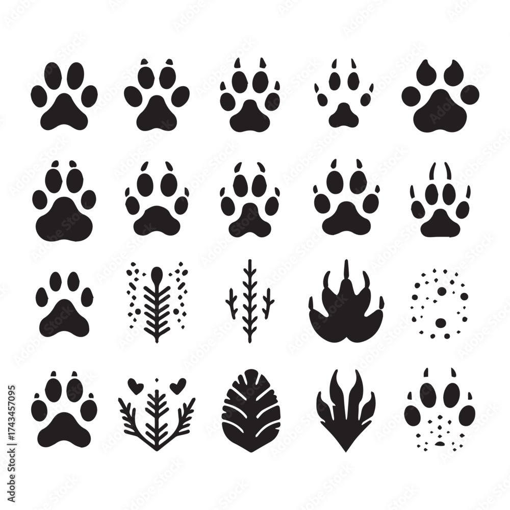 Fototapeta premium Assortment of Animal Paw Prints and Stylized Botanical Silhouettes in Black on White animal track