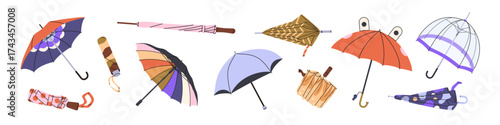Set of different types of umbrellas. Various parasols, open and closed brollies and cute canopies. Accessories from autumn weather and rain. Flat isolated vector illustrations on white background