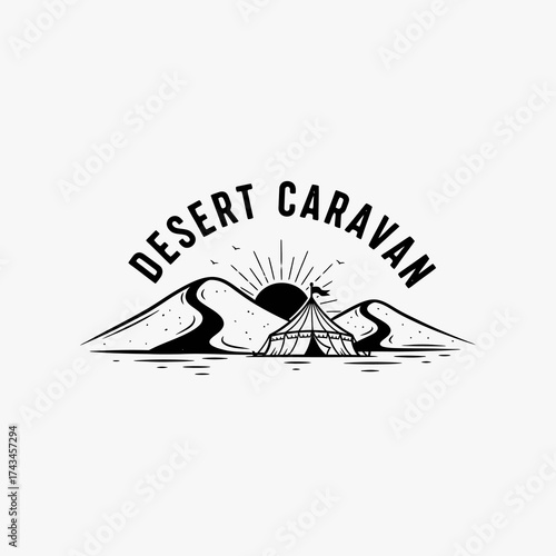 Vintage Desert Caravan logo with tent and sand dunes.