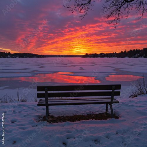 Scenic sunset over frozen lake with bench in winter landscape - Concept of Winter fatigue  