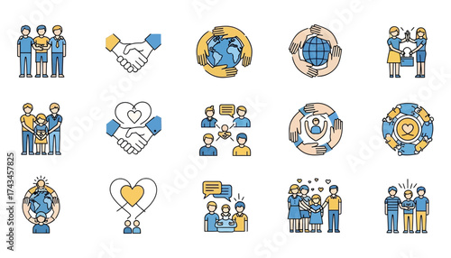 Vector art of collection of diverse icons representing teamwork, global connection, community, and human relationships