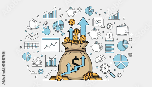 Vector art of bag of money with coins and upward arrows symbolizing financial growth and investment success, surrounded by financial charts and icons
