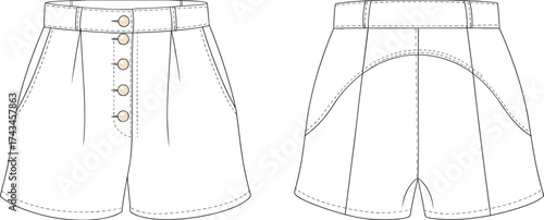 High waist button front shorts fashion flat sketch front and back view technical vector illustration for apparel design and clothing template