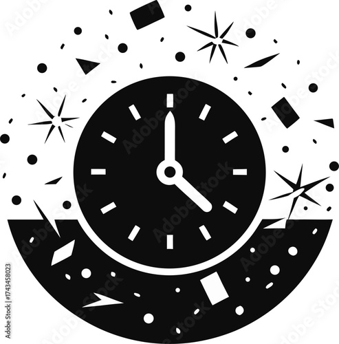 A clock striking midnight surrounded by glowing confetti. silhouette  vector black , white background  