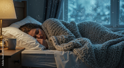Woman sleeping peacefully under warm blanket by window in winter  